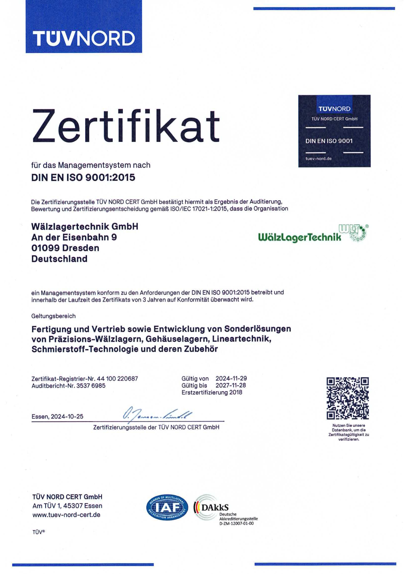Сертифікат ISO 9001 Wälzlagertechnik